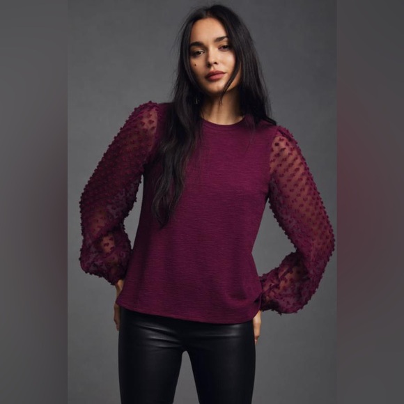 Anthropologie Tops - Anthropologie Maeve Textured Sleeve Top in Wine